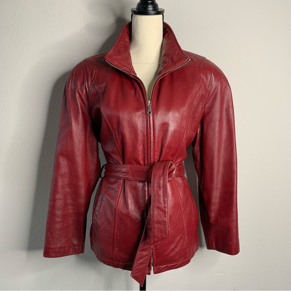 Wilson Leather Vintage Burgundy Leather Belted Jacket Coat - Picture 3 of 11